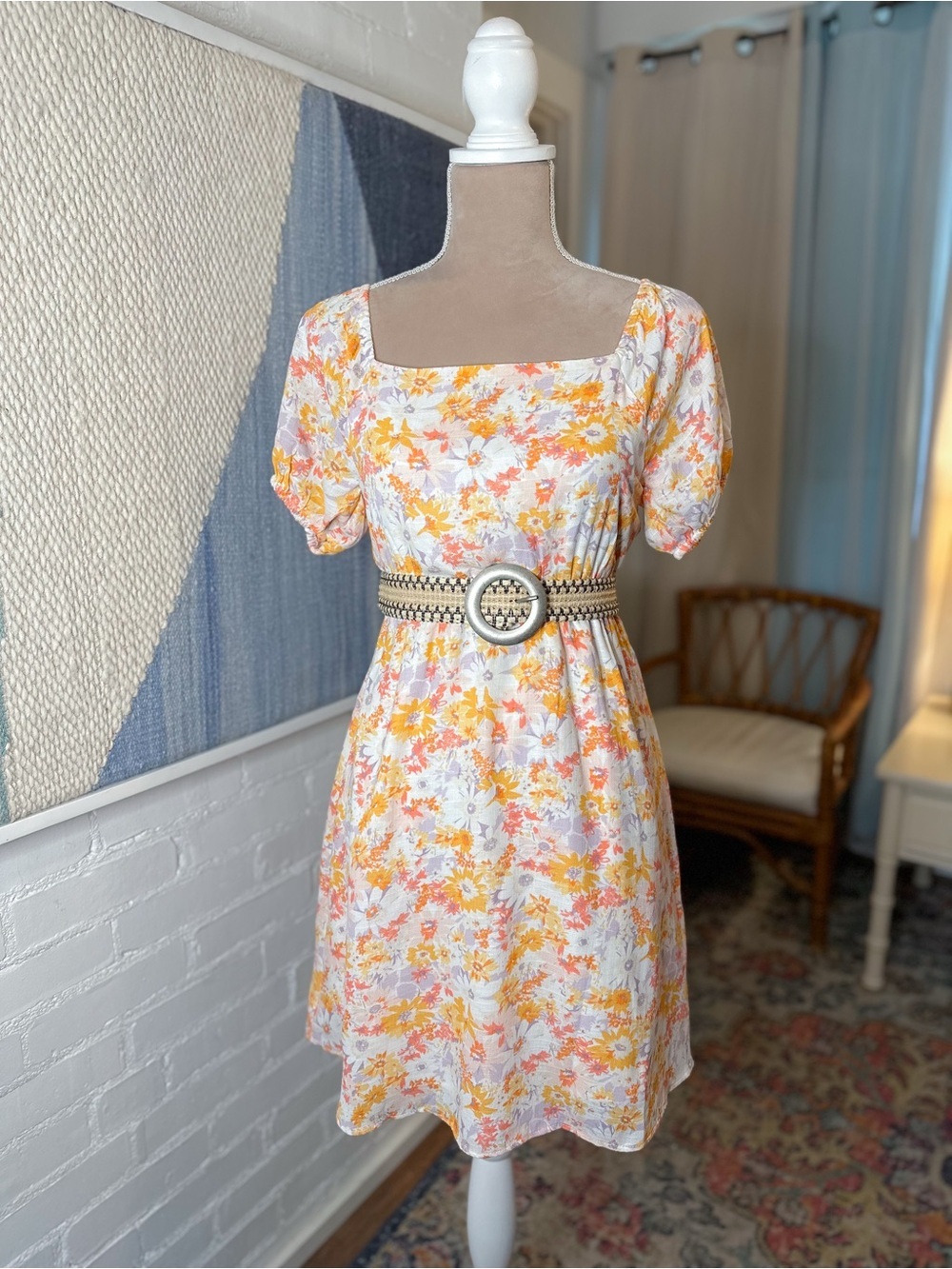 Gilli Orange Purple and Cream Puff Sleeve Dress